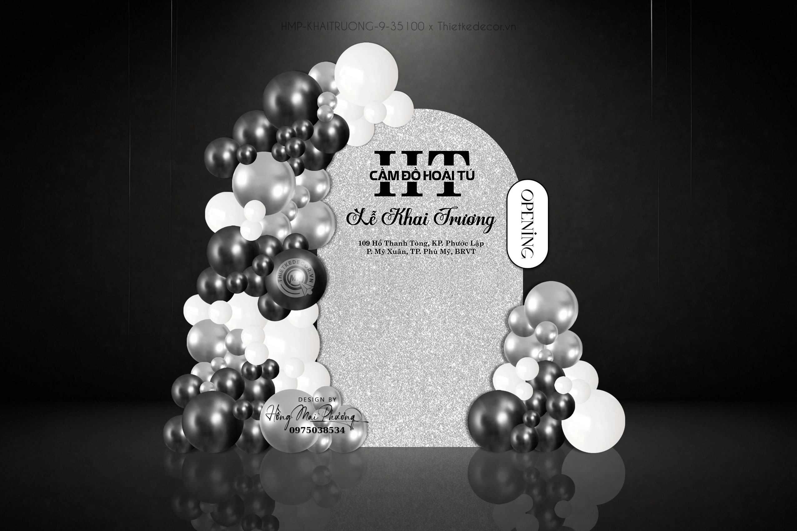 Backdrop khai trương tone trắng bạc sang trọng